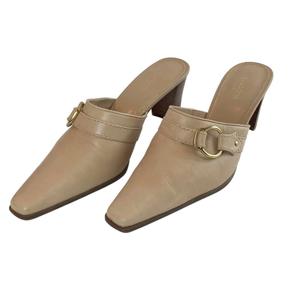 Liz Claiborne Flex‎ Beige Leather Pointed Toe Buckle Block Heel Mules Womens 10M
